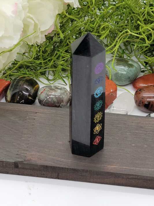 Silver Sheen Obsidian point with colored Chakras