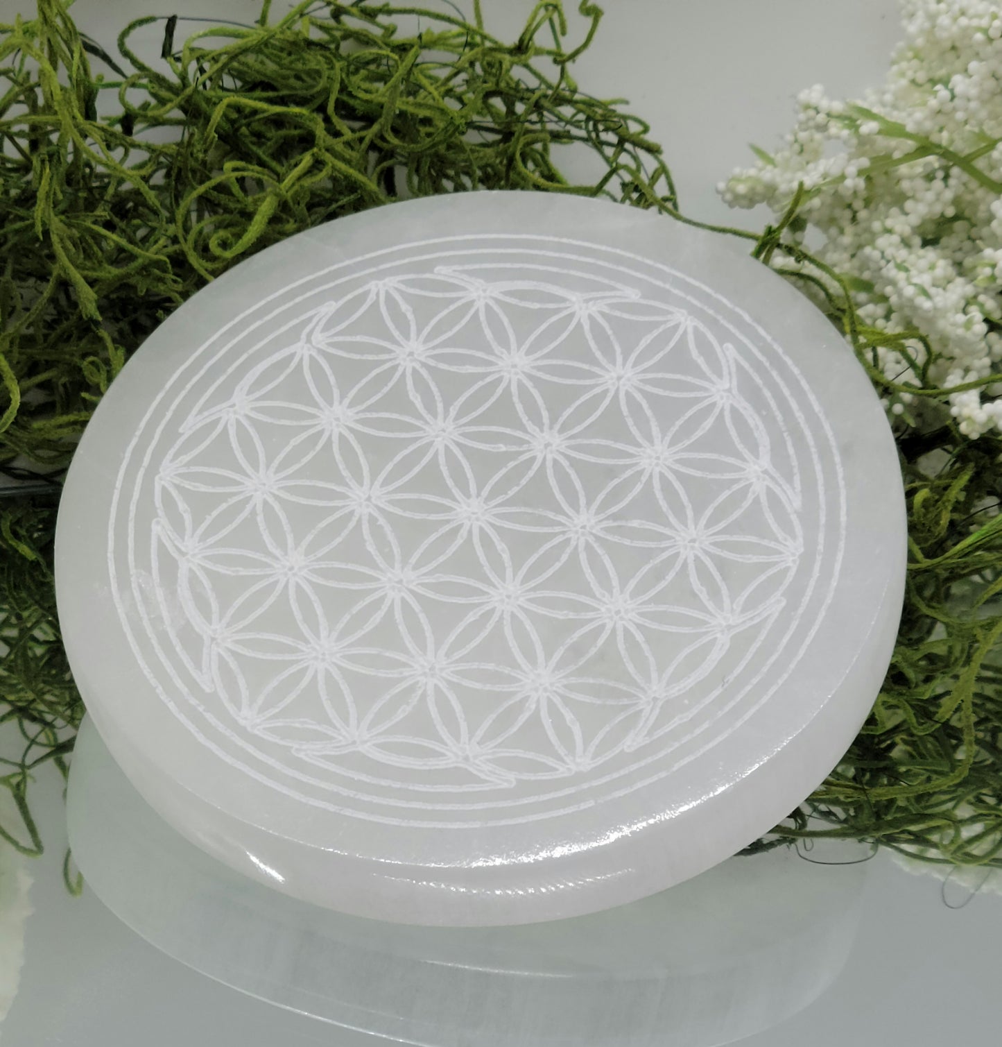 Flower of Life Etched Selenite charging plates