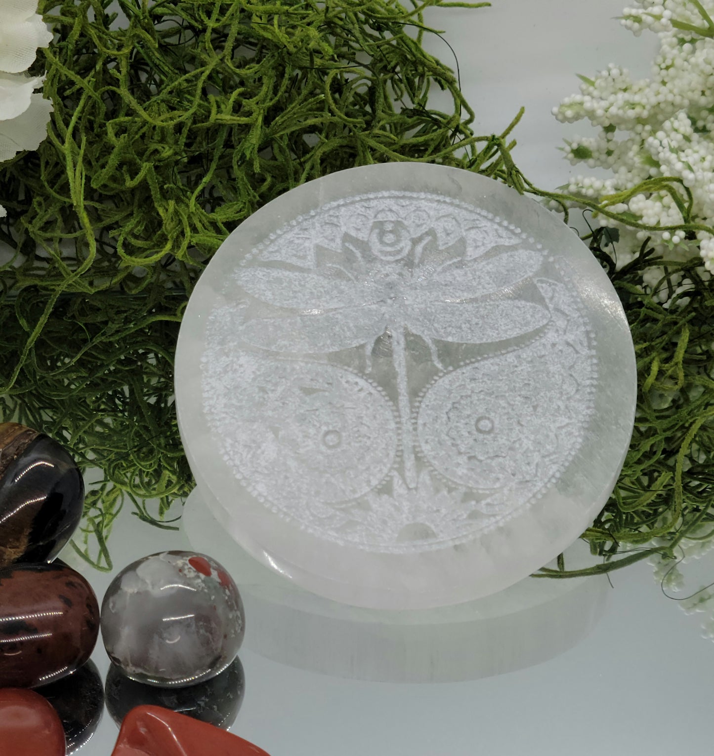 Dragonfly Etched Selenite plate