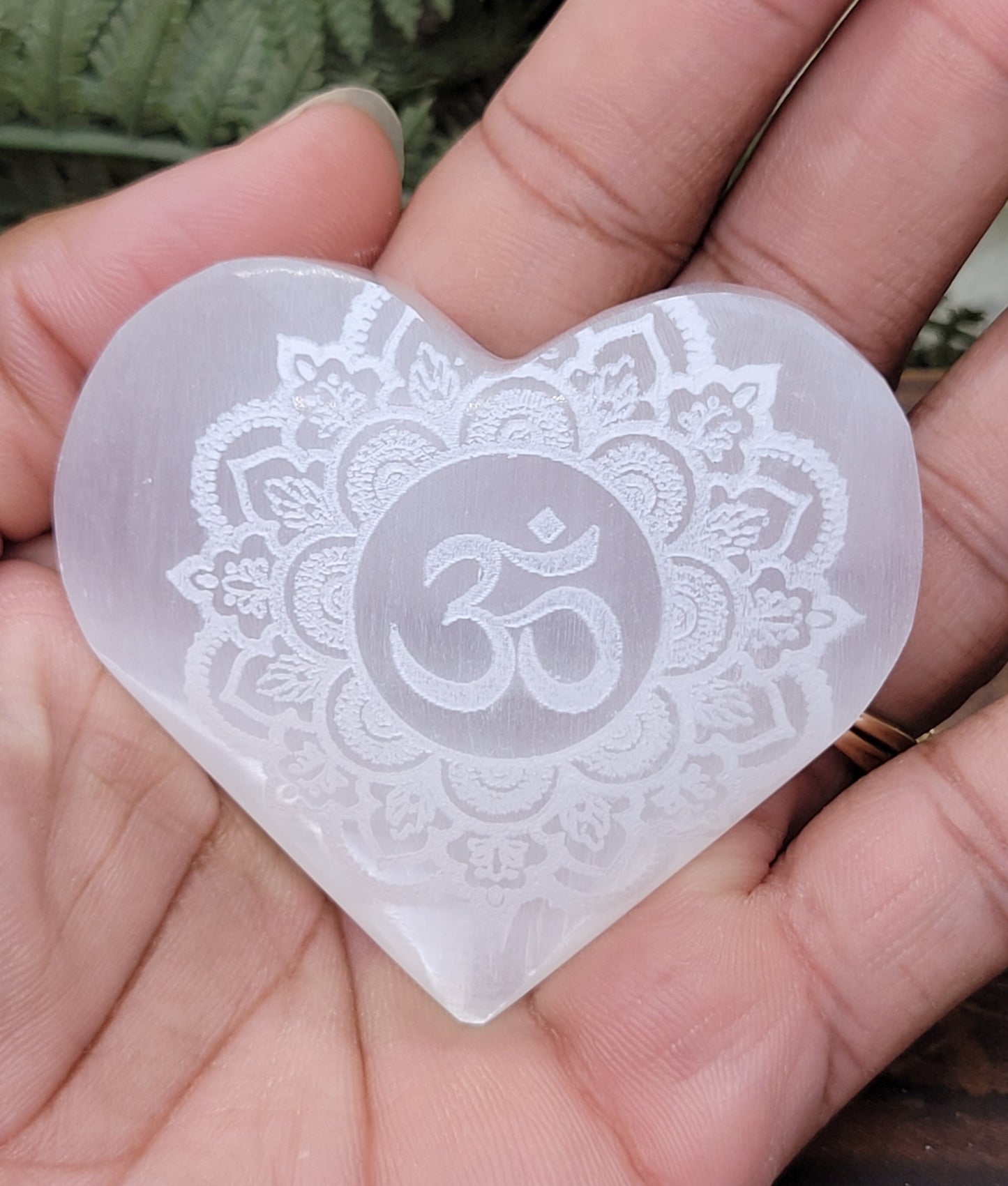 Lotus Ohm etched Selenite heart