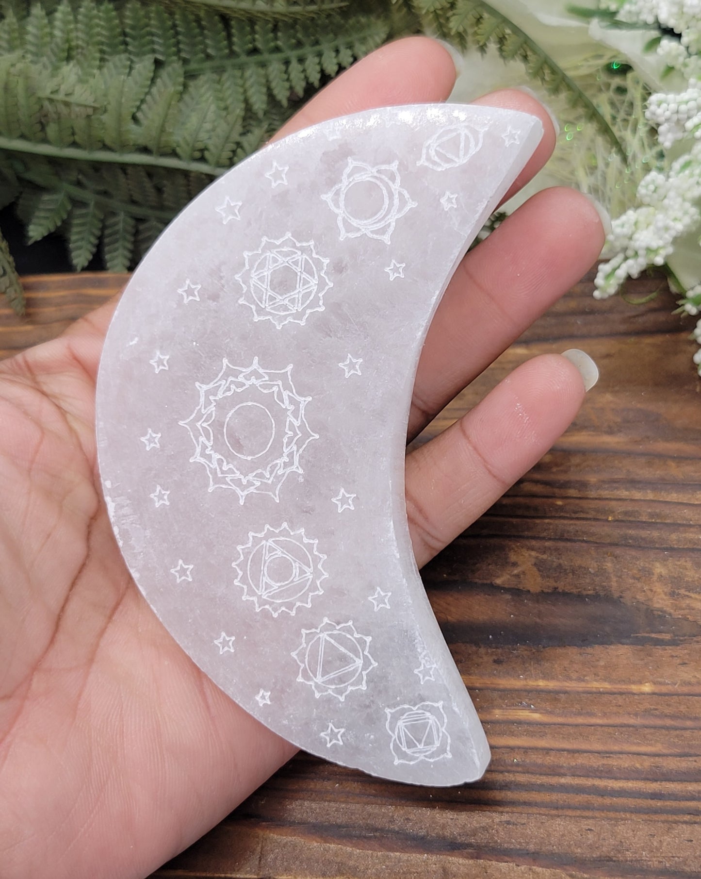 Chakra etched Selenite crescent plate