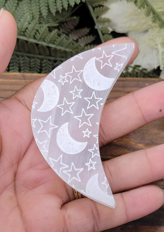 Moon etched Selenite crescent plate